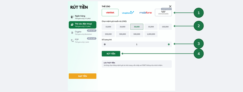 FEBET rút tiền qua thẻ cào điện thoại